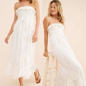 Free People Hi Hello White Floral Embroidered Lace Smocked Bohemian Midi Dress L